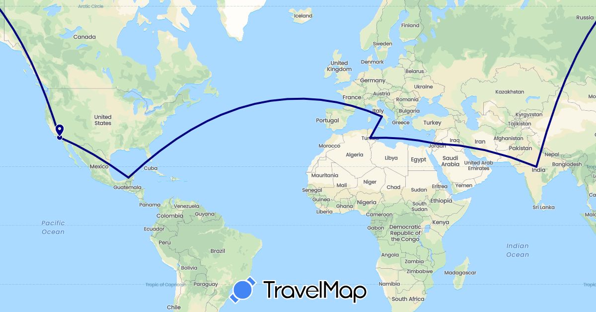TravelMap itinerary: driving in India, Italy, Jordan, Mexico, Tunisia, United States (Africa, Asia, Europe, North America)